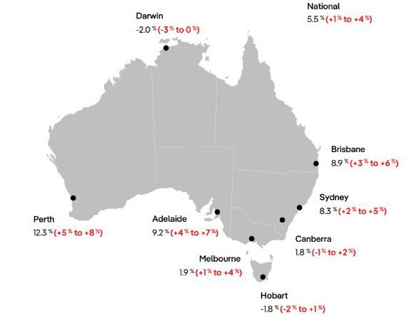 PropTrack 2023 Price Growth (and 2024 forecasts). Sydney house prices are forecasted to grow between two to five per cent.