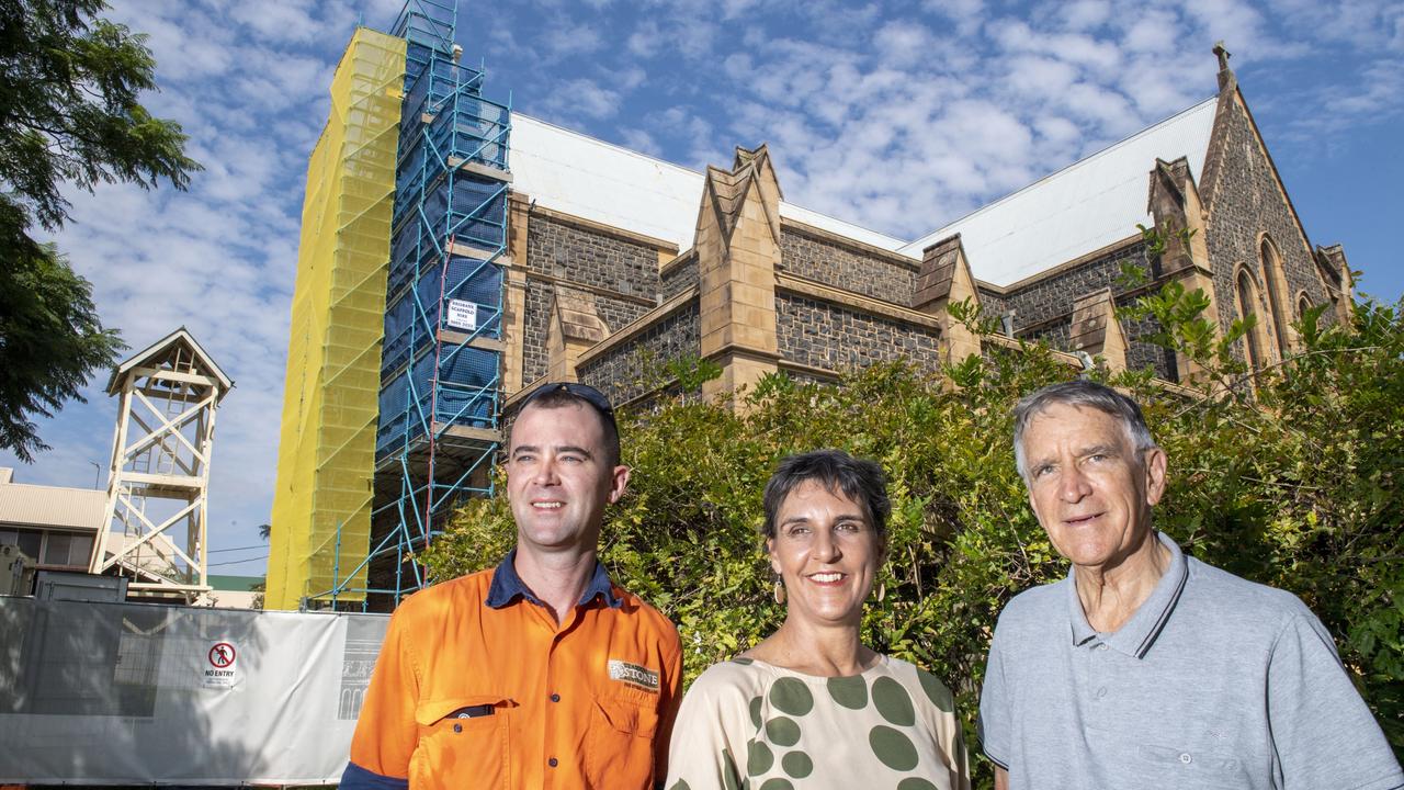 Toowoomba residents behind the St Luke’s Anglican church restoration were (from left) Blake Roxborough, foreman, Stephanie Keays and John Compton, Parish warden. Thursday, March 24, 2022. Picture: Nev Madsen.