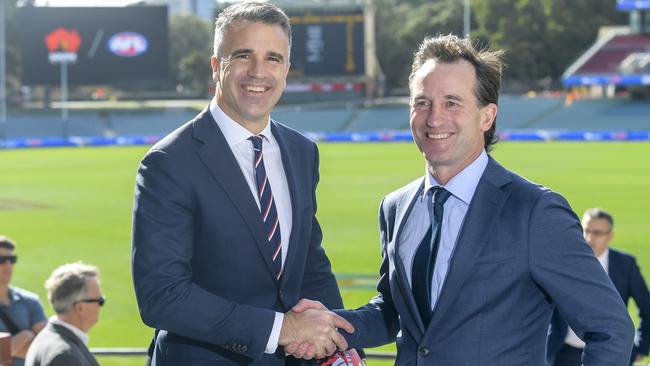 SA Premier Peter Malinauskas with acting AFL CEO Andrew Dillon at Adelaide Oval, announcing the Gather Round 2024 dates. Picture: NCA NewsWire / Roy VanDerVegt