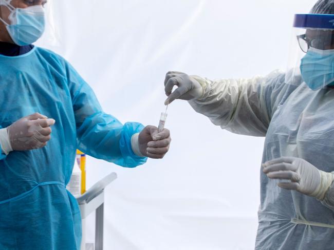 A health worker puts a nasal swab sample into a tube.