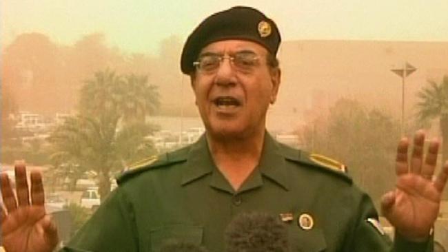 Saddam Hussein’s last information minister Mohammed Saeed al-Sahhaf speaks to media in April 2003 denying that Coalition forces had advanced to the city centre of Baghdad.