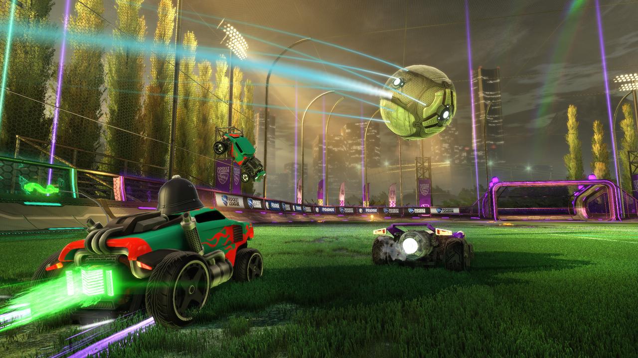 Rocket League has players controlling rocket-propelled cars to knock a giant soccer ball into a net. Picture: Epic Games