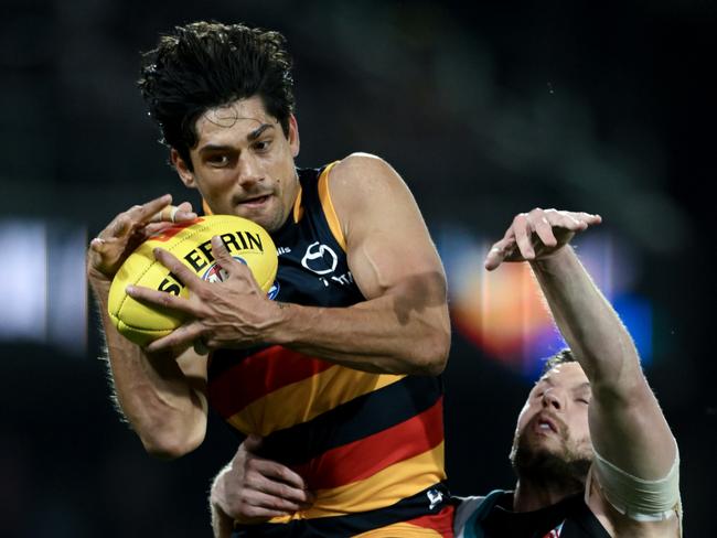 ADELAIDE, AUSTRALIA - JULY 29: Shane McAdam of the Crows marks in front of Trent McKenzie of Port Adelaide during the round 20 AFL match between Adelaide Crows and Port Adelaide Power at Adelaide Oval, on July 29, 2023, in Adelaide, Australia. (Photo by Mark Brake/Getty Images)