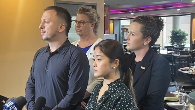 Managers Christhian Gonzalez and Marie Pernito of Hanuman (front), flanked by Opposition leader Lia Finocchiaro and CLP MLA Marie-Clare Boothby (back left) as they address a press conference. Picture: Harry Brill.