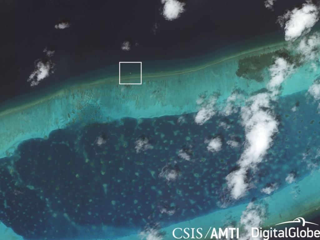 Recent satellite imagery shows a new structure that appears to be anchored on the north edge of the Bombay Reef, with solar panels and a radome on top. Picture: CSIS/AMTI