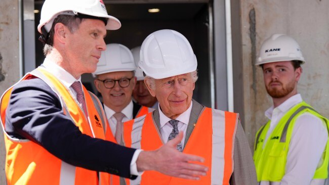 King Charles visits the Cowper Street development in Sydney alongside NSW Premier Chris Minns and Prime Minister Anthony Albanese. Picture: NewsWire / POOL / MARK BAKER