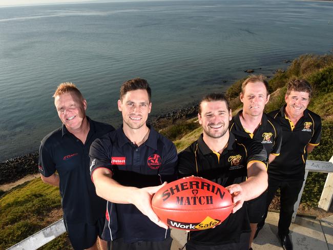 Fierce rivals Frankston YCW v Mt Eliza will clash in the annual Good Friday clash.Mt Eliza Coach Troy Shannon, Captain Sam Gill with Frankston YCW's Co-Captains Kevin Lylak and Jie Coghlan with Coach Wayne Capp.Picture: Jason SammonWednesday 5 April 2017