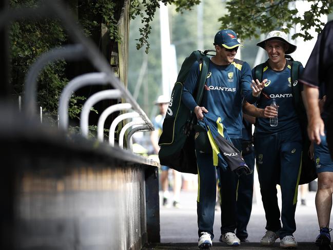 BIRMINGHAM, ENGLAND - JULY 29: Tim Paine and Marnus Labuschagne of Australia walks back from the nets during the Australia Nets Session at Edgbaston on July 29, 2019 in Birmingham, England. (Photo by Ryan Pierse/Getty Images)
