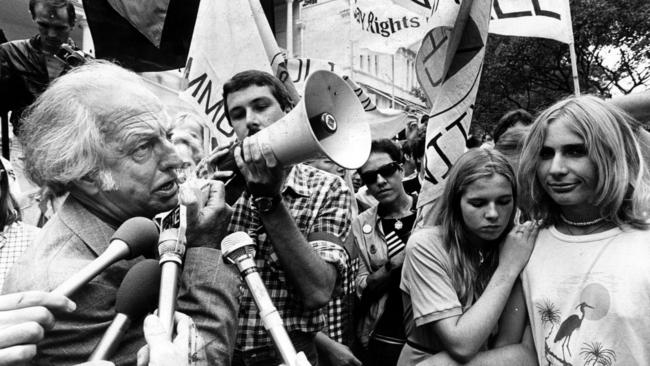 NSW MP George Petersen addresses a crowd during a Gay Rights rally in 1981. Pic Jeff Jones.