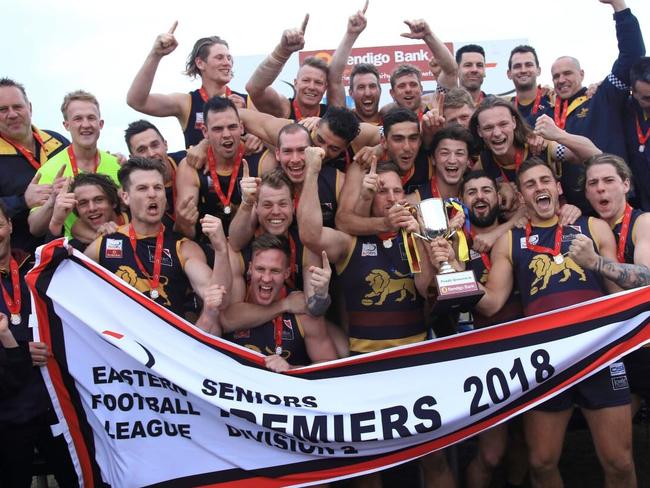 Doncaster East celebrates its Eastern Football League (EFL) Division 2 premiership. Picture Davis Harrigan