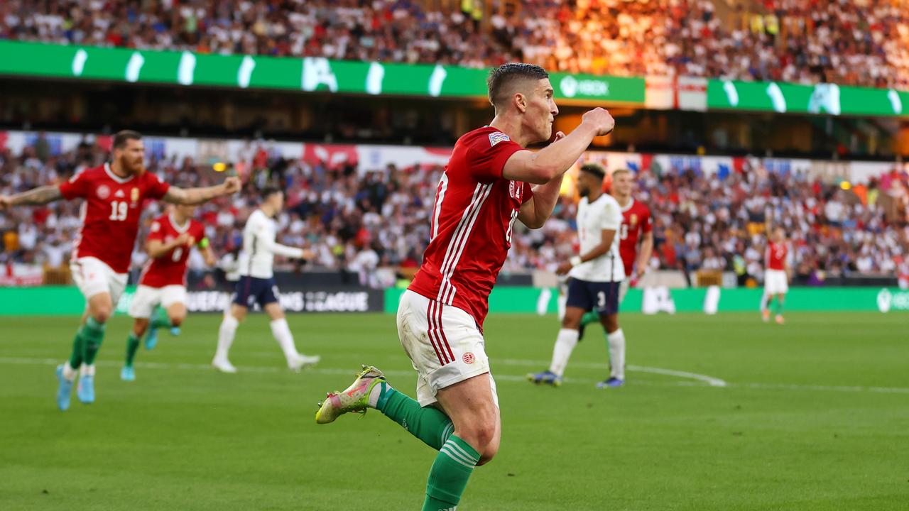Roland Sallai of Hungary celebrates after scoring his second goal for the match. Picture: Catherine Ivill/Getty Images