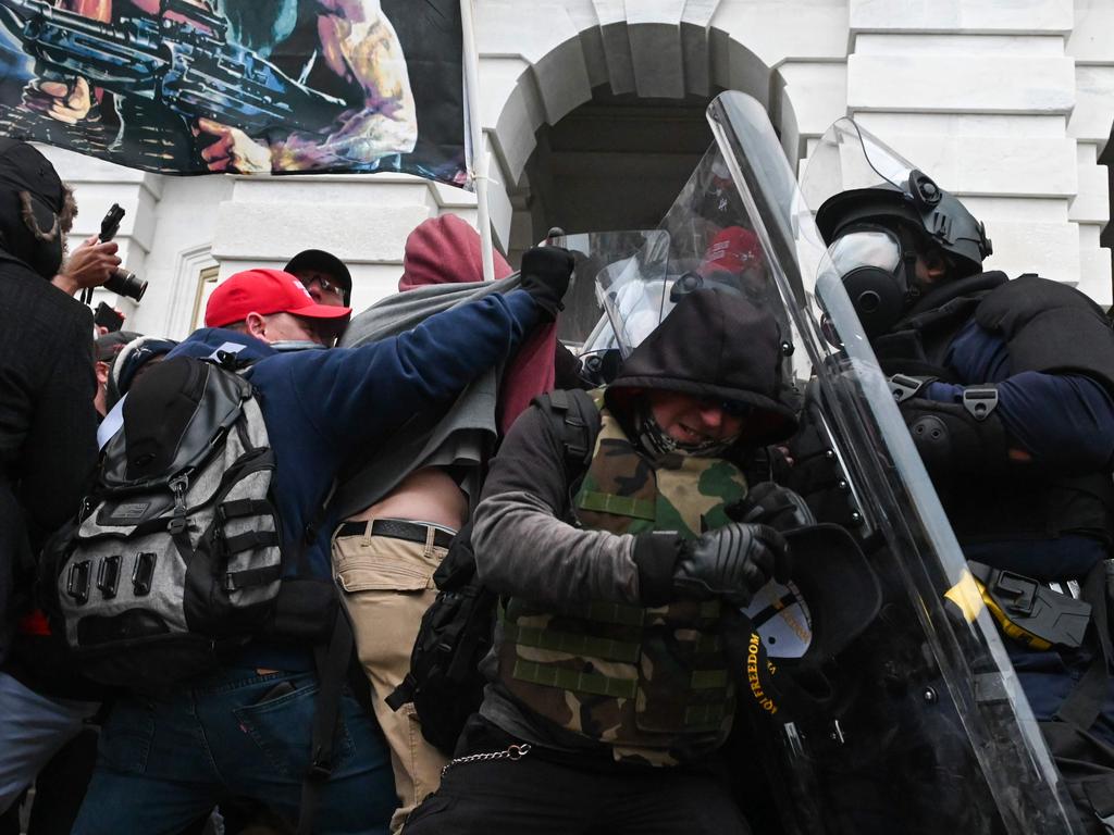 Police and rioters clash at the Capitol building. Picture: AFP