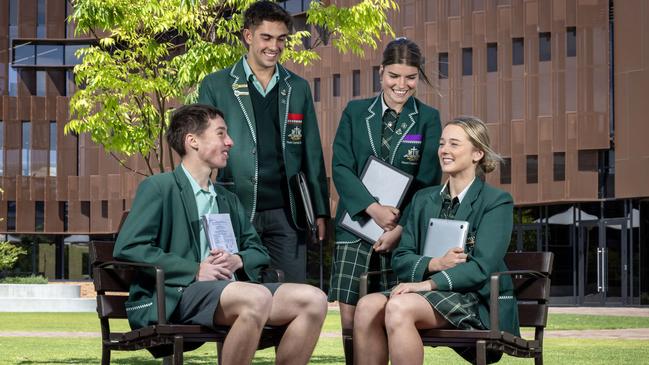 Westminster School boarding students Jack Whittlesea, Daniel Will, Milly Schwartz and Leila Croker chat after the biology exam - their final SACE exam. Picture: Emma Brasier