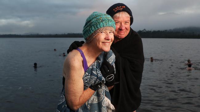 Lizzie Roarty and Jan Lepp who swim regularly as members of the Franklin Frosties. Franklin Frosties cold water swimming group who head in each morning at Franklin at 7.45am year round. Picture: Nikki Davis-Jones