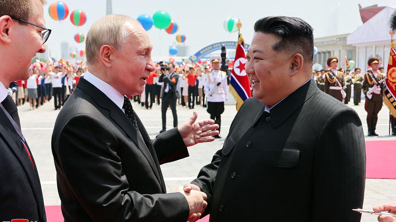 Kim Jong-un shaking hands with Russia's President Vladimir Putin. Picture: KCNA via KNS/AFP