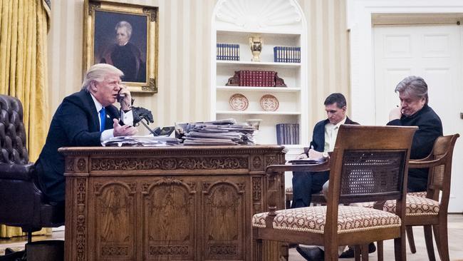 Donald Trump speaks on the phone with Malcolm Turnbull as Michael Flynn and Stephen Bannon listen in.