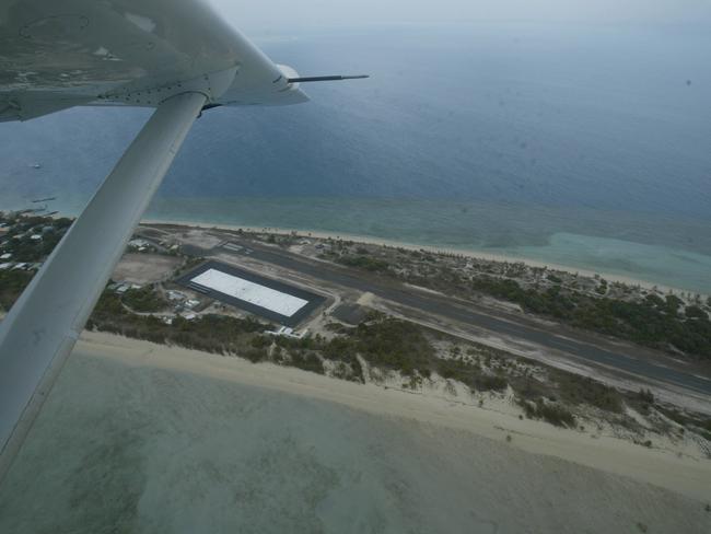 Aerial view of landing strip runway on Poruma Island (aka Coconut Island) in Torres Strait 30 Aug 2005.