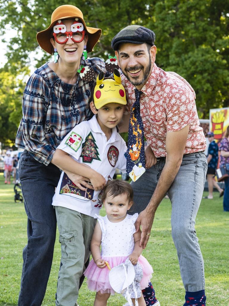 Brooke and Aleksandr Taylor-Gough with their kids Oliver and Ivy in their best festive gear for the Triple M Mayoral Carols by Candlelight, Sunday, December 11, 2022. Picture: Kevin Farmer