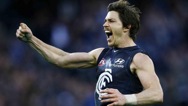 Nick Duigan celebrates one of his four goals against the Tigers in the First Elimination Final. Picture: Michael Klein