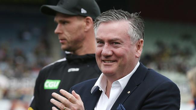 Eddie McGuire fell short of suggesting a round ball, though he ventured to add rubber nipples to a Sherrin, as with a rugby league ball, for ease of use and a better spectacle. Picture: Michael Klein