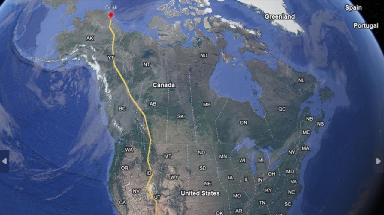 Ryan Magee's planned route for his Tuk Tuk journey through North America. Photo: Google Maps