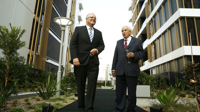 Then Federal Treasurer Scott Morrison is welcomed by Harry Triguboff at the opening of one section of Pagewood Green. Picture: John Appleyard