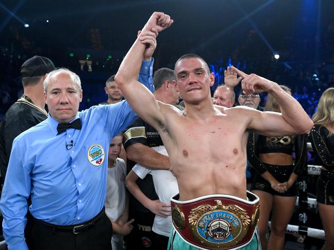 Tim Tszyu celebrates victory against Brian Mendoza in October. Picture: Getty Images