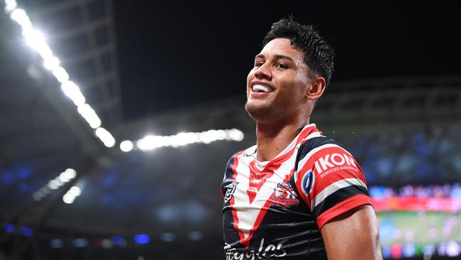 Jaxson Paulo celebrates a double against South Sydney. Picture: NRL Imagery