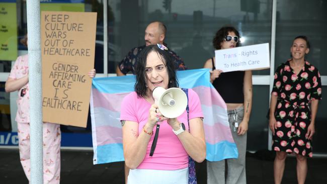 The Cairns trans community and supporting family members protest the state government’s pause on gender therapy, including puberty blockers and hormone treatments. Wendy Ramsey led the rally on Wednesday, January 30, chanting “Trans rights are human rights”. Picture: Arun Singh Mann