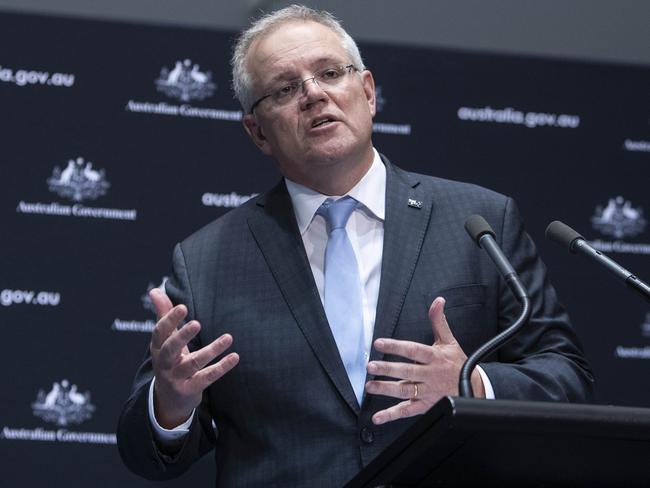 Prime Minister Scott Morrison with speaks to the media yesterday. Picture: NCA NewsWire /Gary Ramage