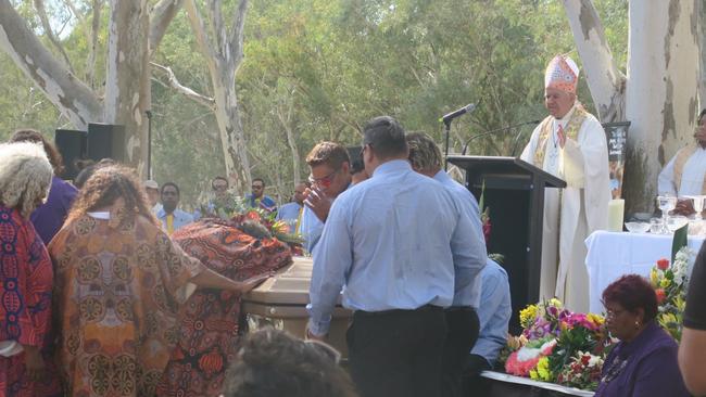 Bishop Charles Gauci speaks at the funeral of Dr MK Turner OAM in Alice Springs on Thursday. Picture: Laura Hooper.