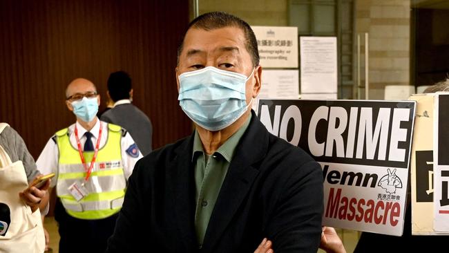 Hong Kong pro-democracy media tycoon Jimmy Lai outside court in 2021. Picture: AFP.