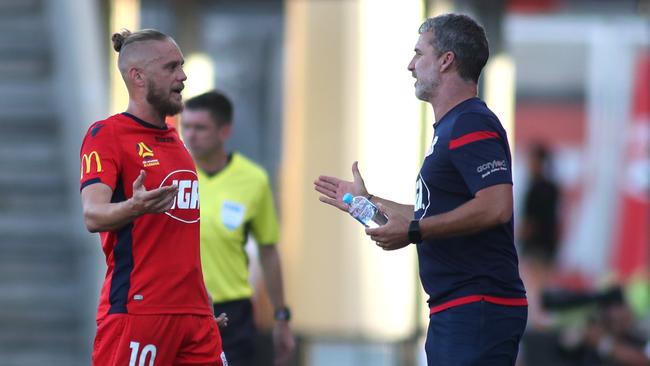 Ken Ilso Larsen of United is sent off after a straight red card during the Round 17 A-League match against Brisbane Roar at Coopers Stadium. Picture: AAP Image/Kelly Barnes