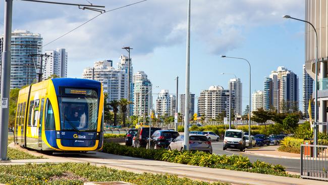 A tram approaching the Broadwater Parklands station in Southport. Picture: iStock.