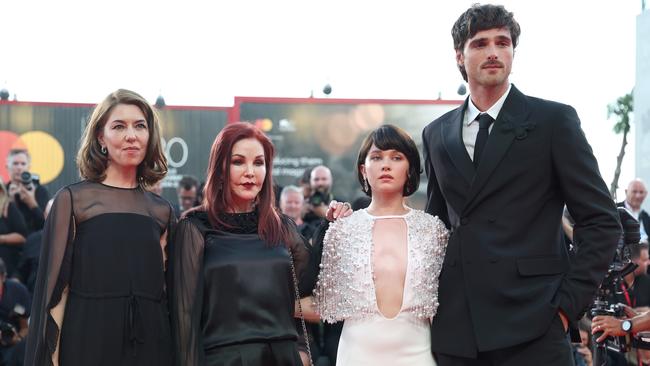 Sofia Coppola, Priscilla Presley, Cailee Spaeny and Jacob Elordi attend a red carpet for the movie Priscilla at the 80th Venice International Film Festival in 2023. Picture: Getty