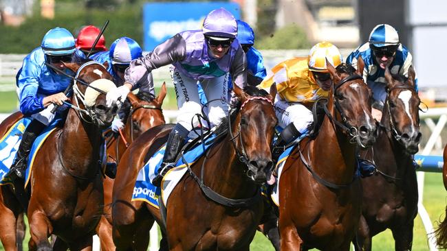 Lady Of Camelot (yellow) ran a brave race in the Blue Diamond. Picture: Vince Caligiuri/Getty Images