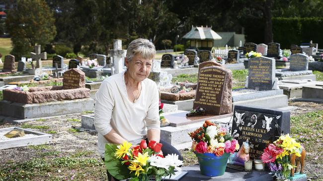 Rosemary Harwood, the mother of Marjorie Harwood, a transgender woman who died in July 2018. Rosemary is pictured at her daughter's grave. Picture: MATT THOMPSON