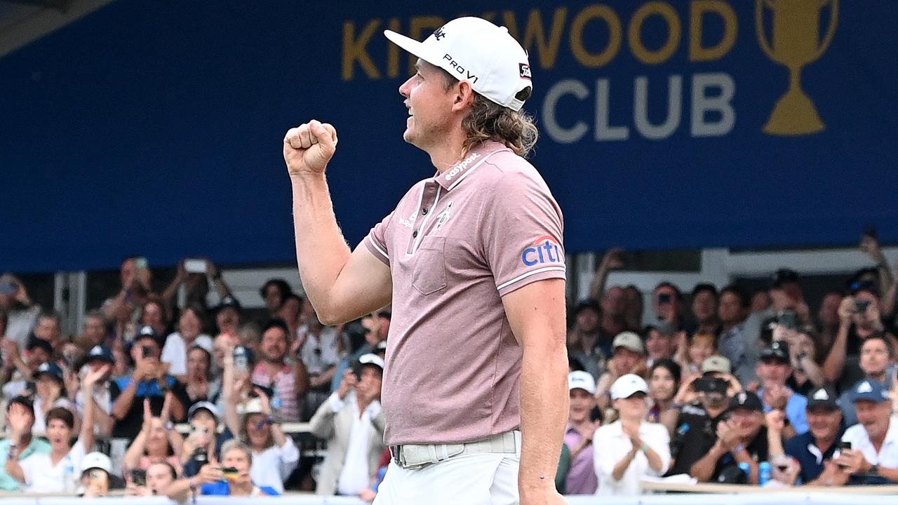 BRISBANE, AUSTRALIA - NOVEMBER 27: Cameron Smith of Australia celebrates victory after the 18th hole during Day 4 of the 2022 Australian PGA Championship at the Royal Queensland Golf Club on November 27, 2022 in Brisbane, Australia. (Photo by Bradley Kanaris/Getty Images)