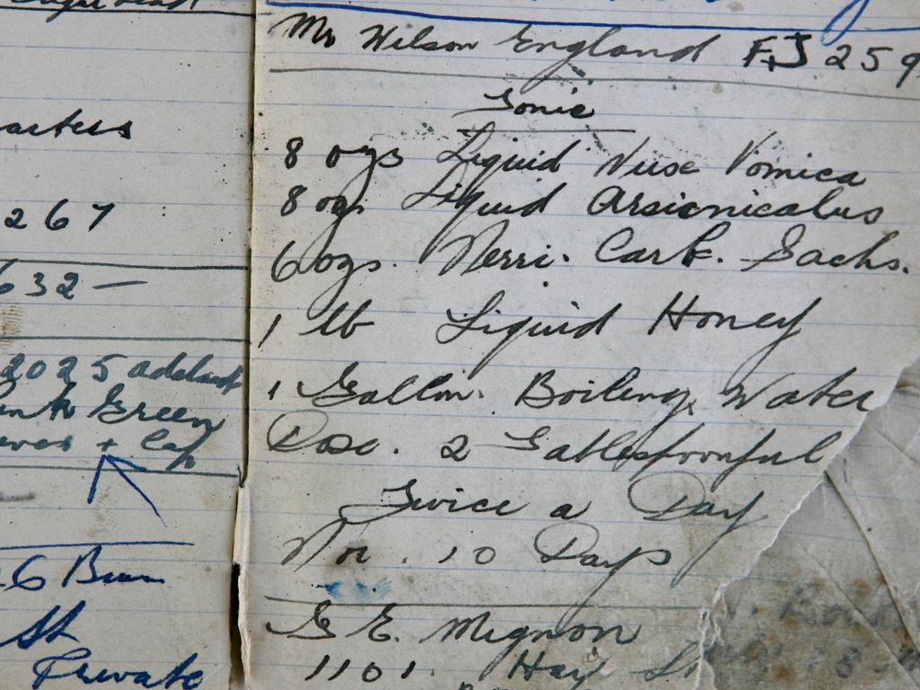 The 'tonic', including nux vomica and arsenic, written in longhand by Stan Boyden, minder and float driver to racehorse Phar Lap before and after his dramatic win in the 1930 Melbourne Cup, in his black book in the 1940s, as it was given to him by Phar Lap's strapper and trainer, Tommy Woodcock.