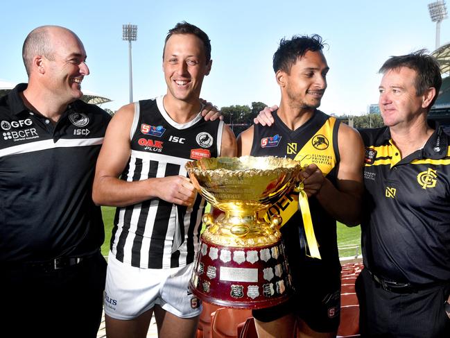 SANFL grand final presser. Port Adelaide Coach Matt Lokan and Captain Cam Suttcliffe and Glenelg Vice Captain Marlon Motlop and Coach Mark Stone at Adelaide Oval. Picture: Tricia Watkinson