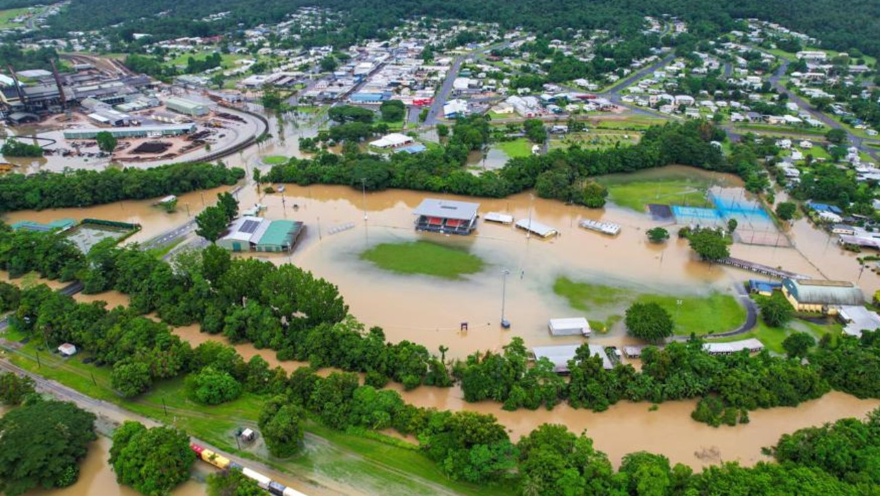 Tully Showgrounds, next to the Bruce Hwy, was inundated for the second time in three months with Tully Tigers rugby league club's volunteers forced to clean up yet again. Image: Daley Rata-Makene