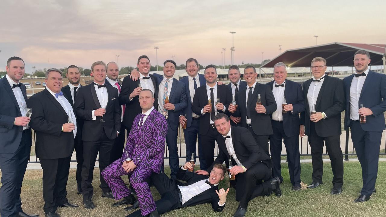 Matt Stevens, Graham Bass, Craig Bass, Joel Brooks, Josh Bass, Raymond Macray, Justin Knight, Jackson Bass, Justin Knight, Matthew Cullen, Mitchell Hancock, Liam Tedesco, Damian Robertson, Jake Kerr, Wayne Bass, Justin Buckinghamand Anthony Golding at the Darwin Cup Gala Ball. Picture: Bethany Griffiths