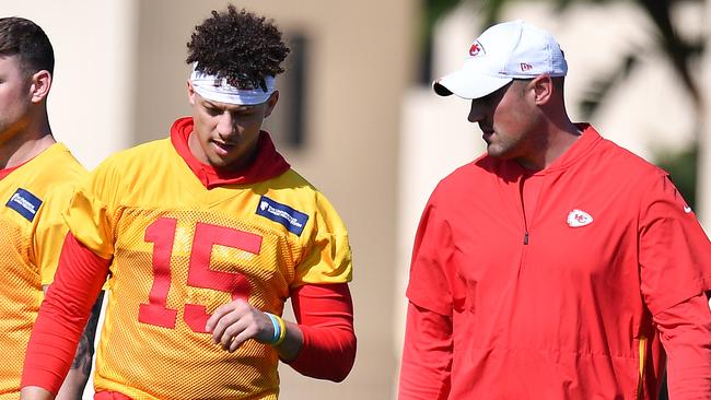 Patrick Mahomes speaks with quarterback coach Mike Kafka during training for the Kansas City Chiefs Picture: Getty Images