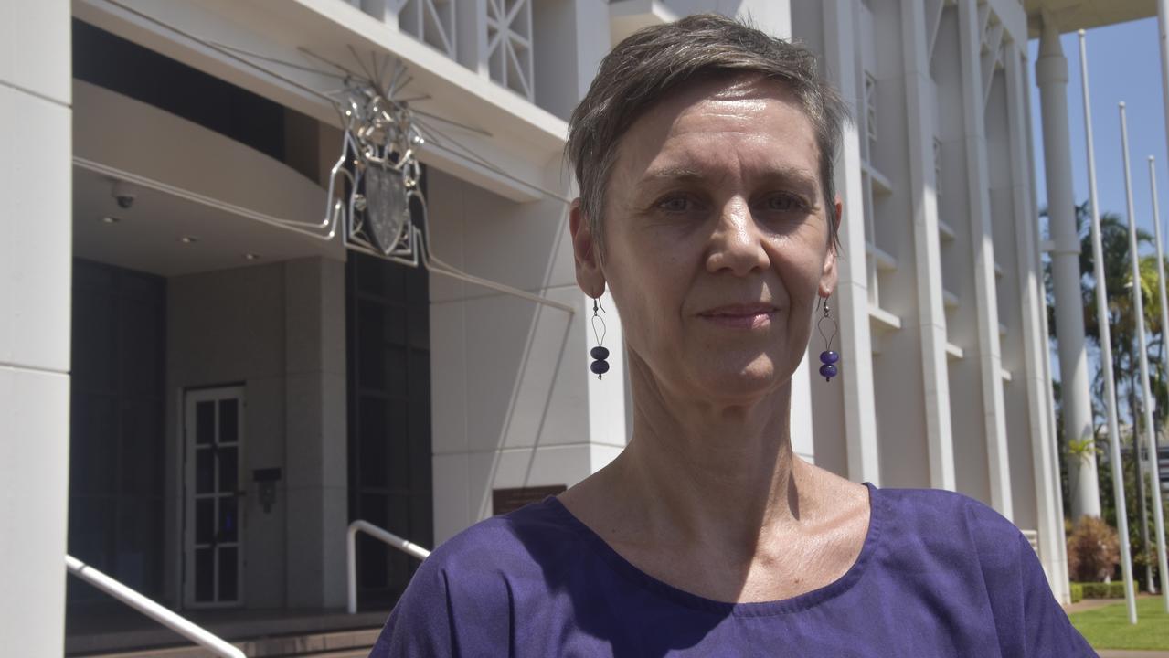 YWCA NT regional manager Rachael Uebergang spoke outside NT parliament as part of a Territory-wide day of action on Tuesday calling for action to address chronic domestic violence rates.