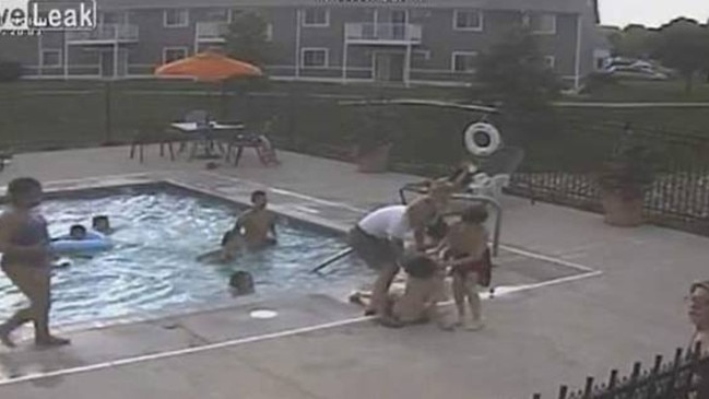 Desiree Pasko got out of her wheelchair and ran to the edge of the pool to help the two boys. Picture: Liveleak