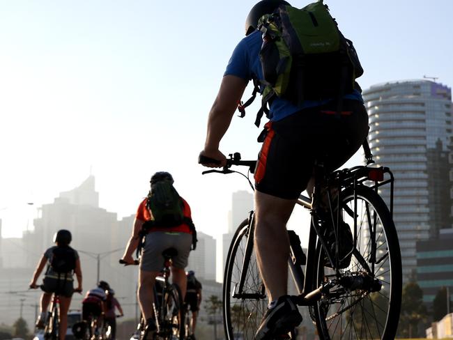 Cyclists on Footscray Road in the Docklands heading into the city. Picture: Mark Wilson