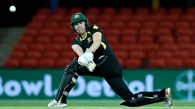 McGrath goes aerial during her late heroics. Picture: Getty Images