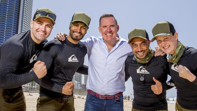 More than 280 Accor team members from across Australia and New Zealand converged on the Gold Coast for the hospitality group’s biannual Race to Survive adventure challenge. Oliver Margarit, Antish Prayagsing, Accor CFO Simon McGrath, Emily Maltha and Jagden Singh at Surfers Paradise beach. Picture: Jerad Williams