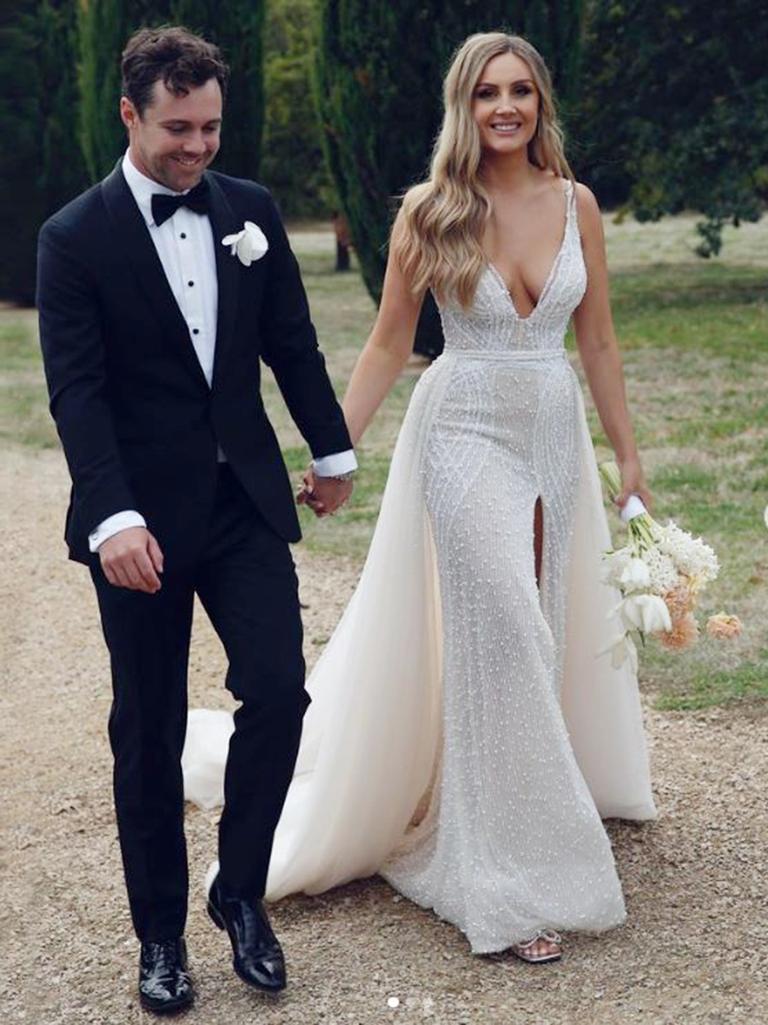 Jess wore a gown by Pallas Couture, while Travis donned a black MJ Bale tuxedo. Picture: Image Haus