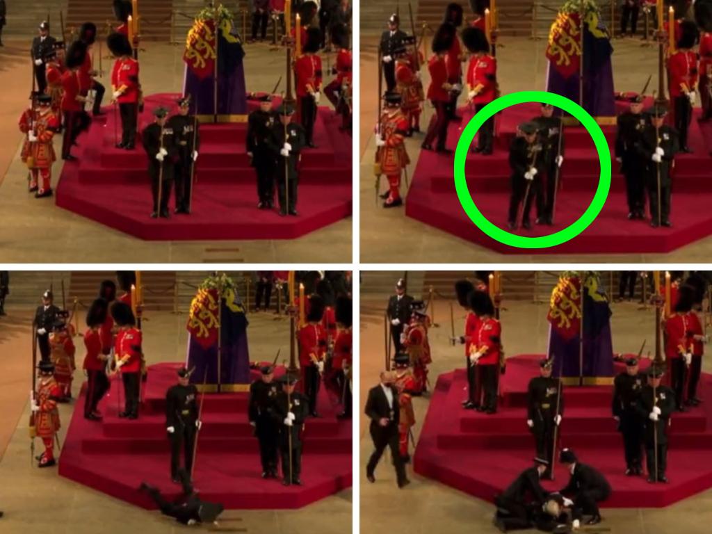 The member of the Royal Guard topples over.